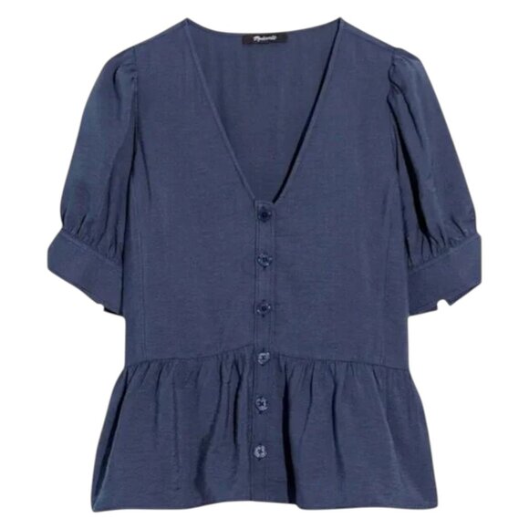 Madewell Drapeweave Puff Sleeve Peplum Blouse Teal Soft Workwear S - Picture 2 of 8